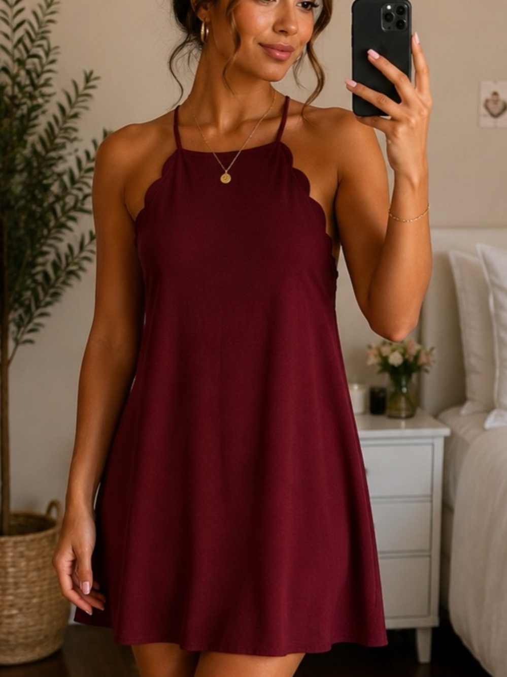 Lulu's Burgundy Scallop Halter Mini Dress